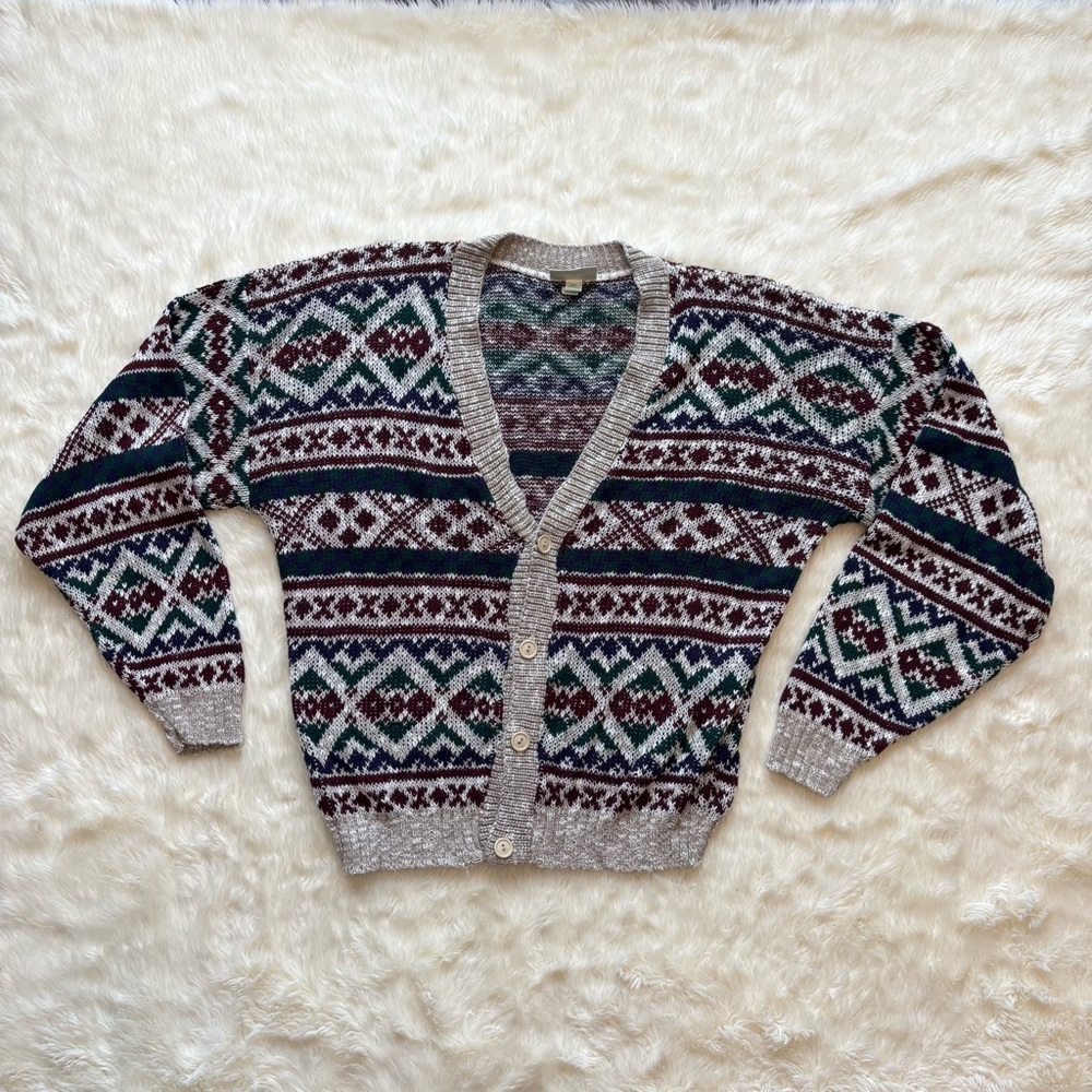 Vintage Ash Creek Geometric Print Knit Button Up Cardigan Mens Medium Grandpa